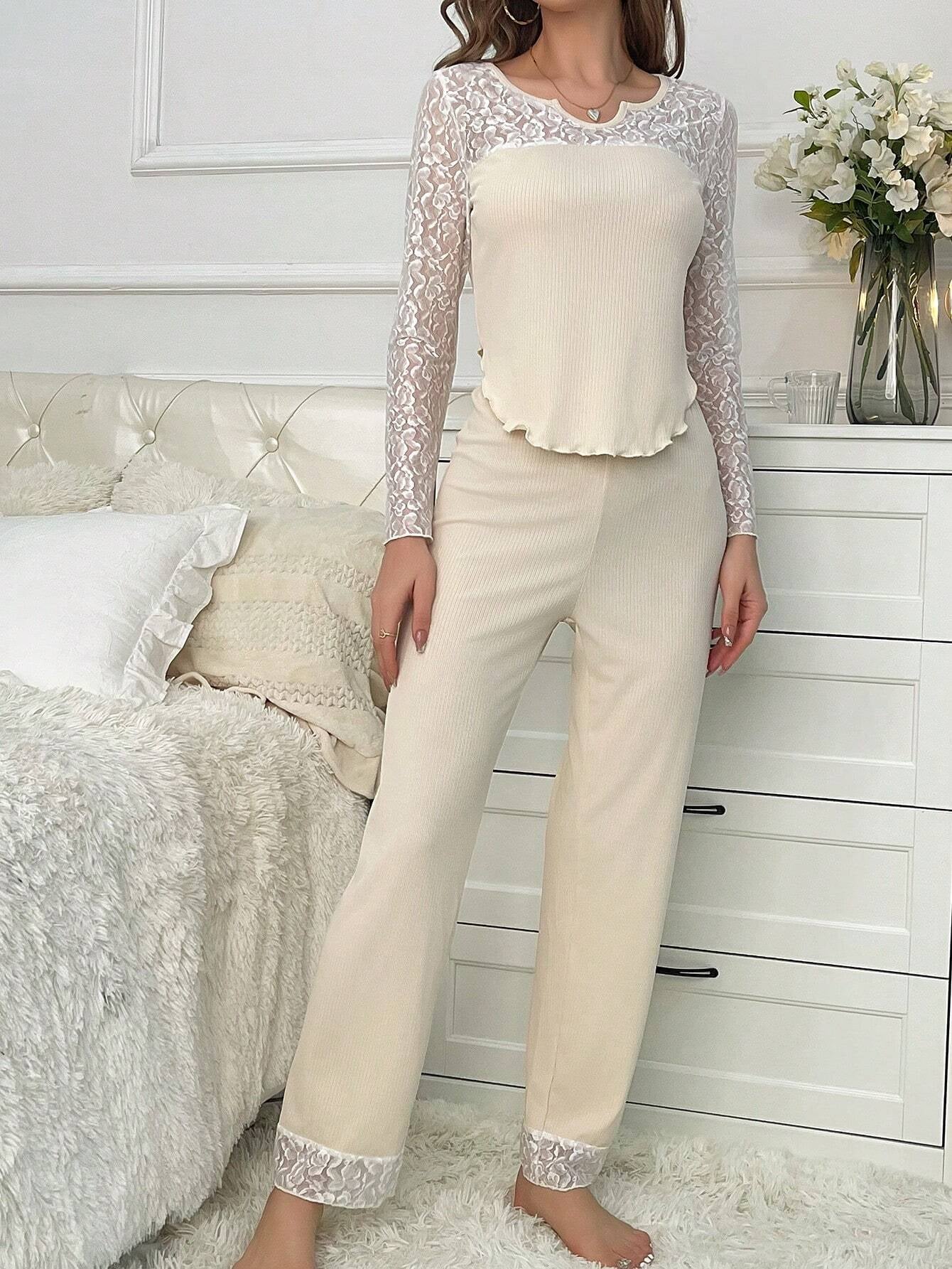 Contrast Lace Notched Neckline Contrast Lace PJ Set