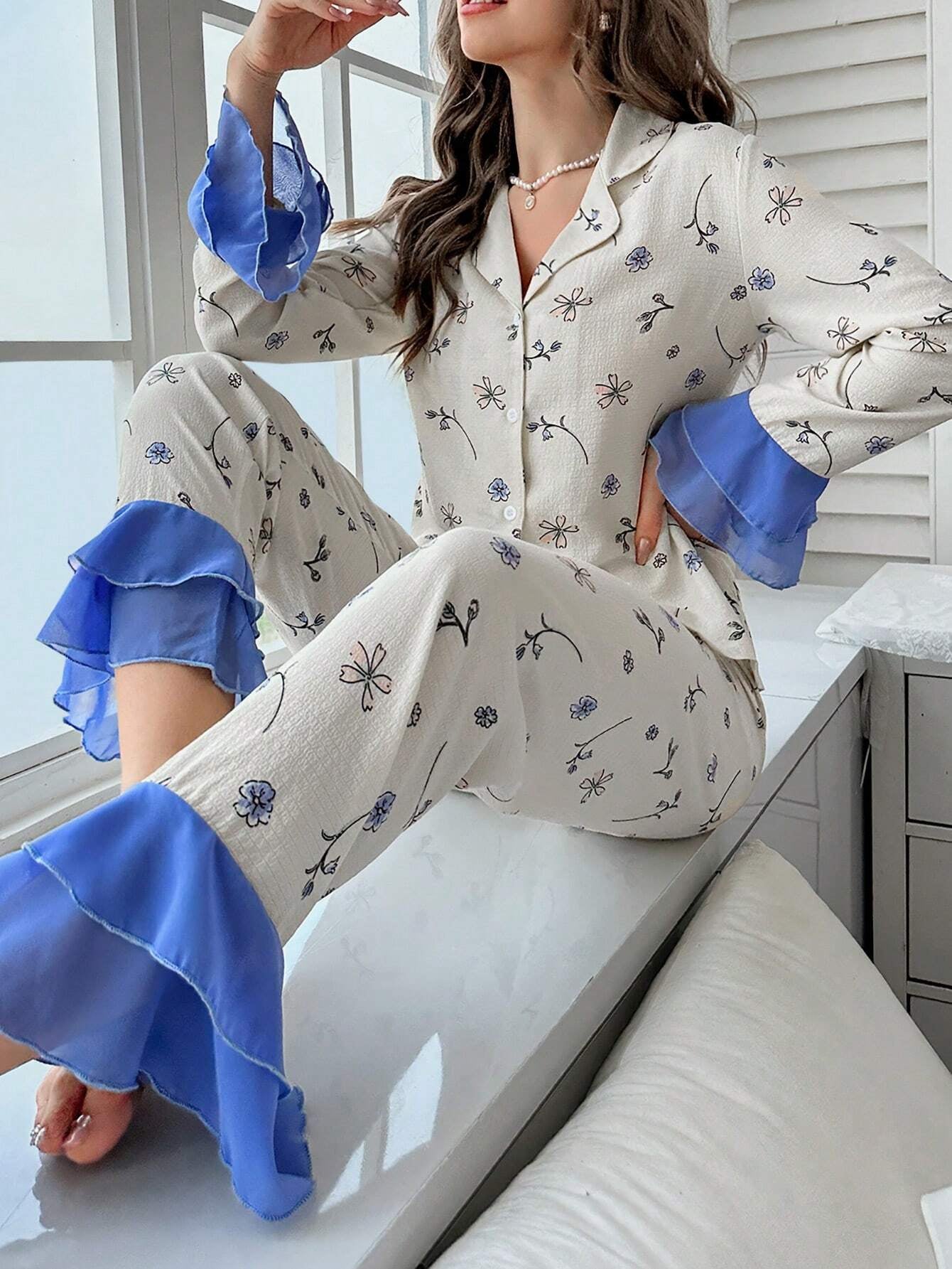 Floral Print Flare Sleeve Ruffle Hem PJ Set