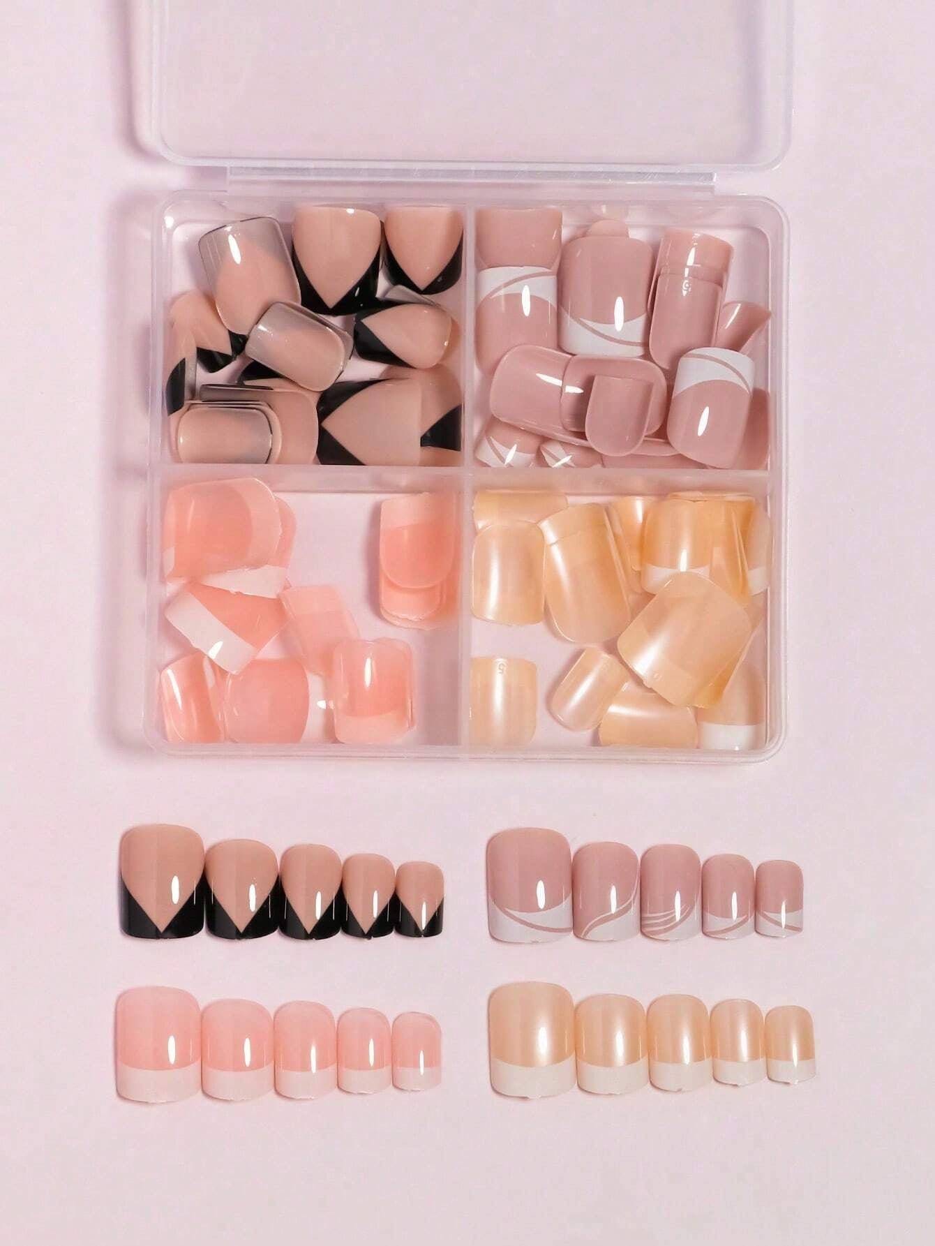 96Pcs(4Colors) Short Square Press on Nails Acrylic Short Fake Nails Full Cover Black and White French Designs Shiny Glue on Nails False Nail as Gift for Women and Girls with Storage Box