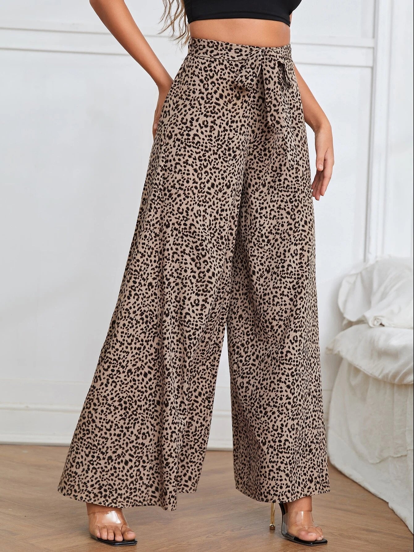 Clasi Leopard Print Belted Wide Leg Pants