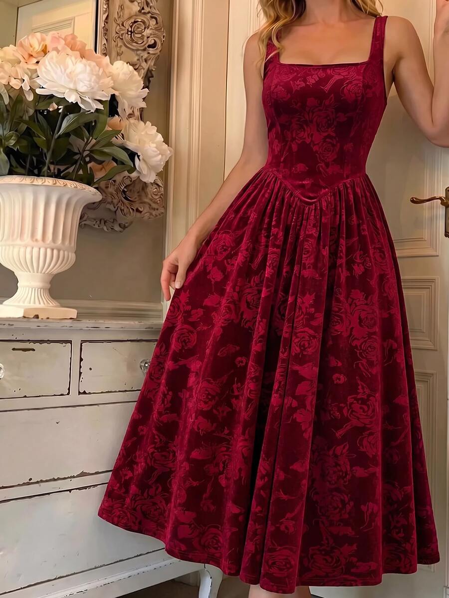 SHEIN MOD فستان مخمل عنابي طويل بياقة مربعة بدون أكمام ومزين بالزهور
