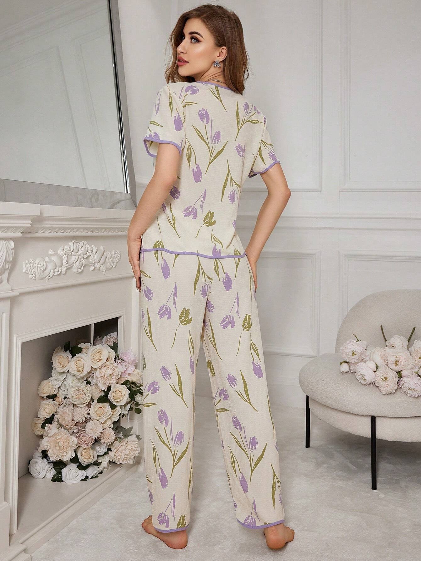 Floral Print Contrast-Edge Short Sleeve and Long Pants Pajama Set