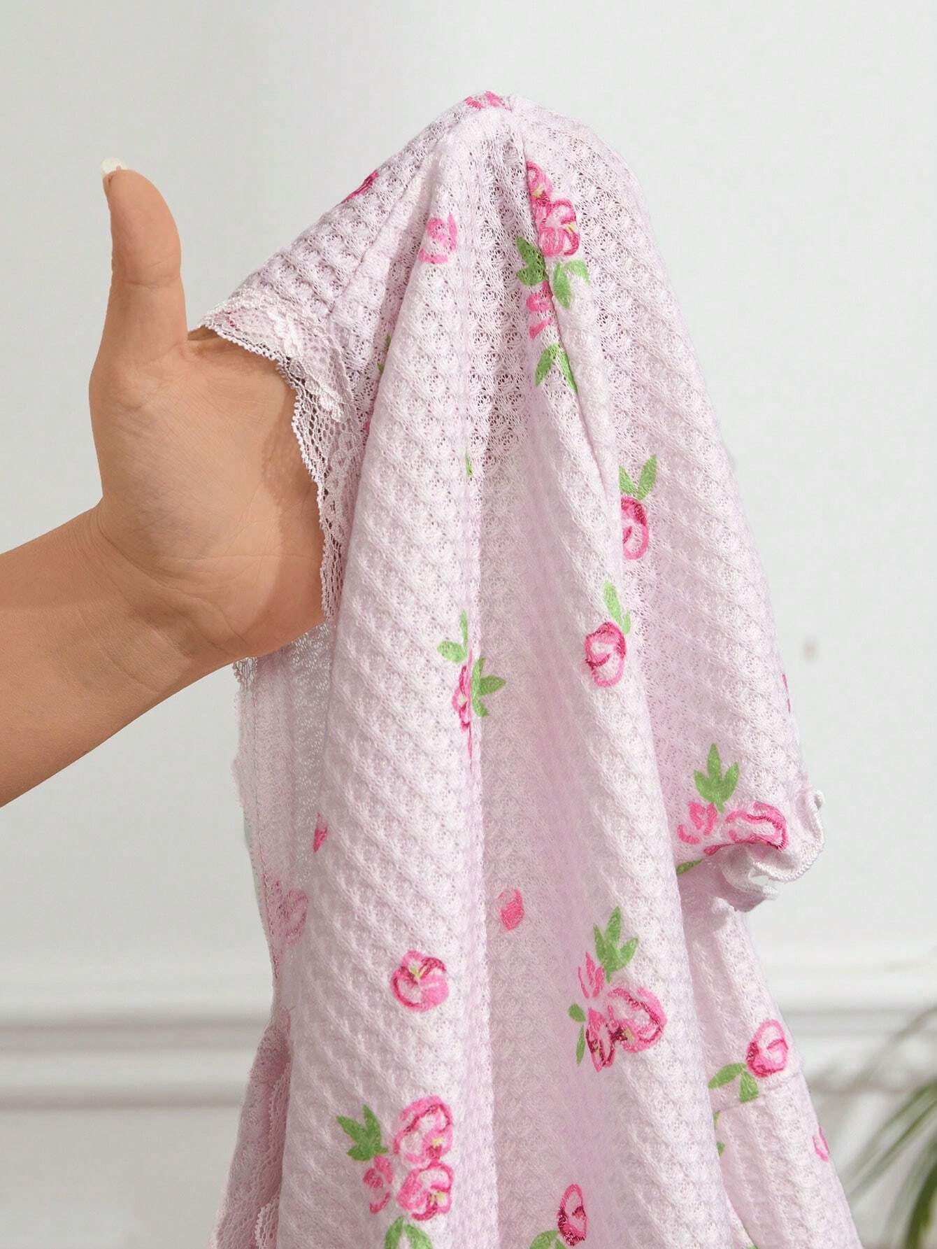 Lace Trim Floral Print Top and Shorts Pajama Set