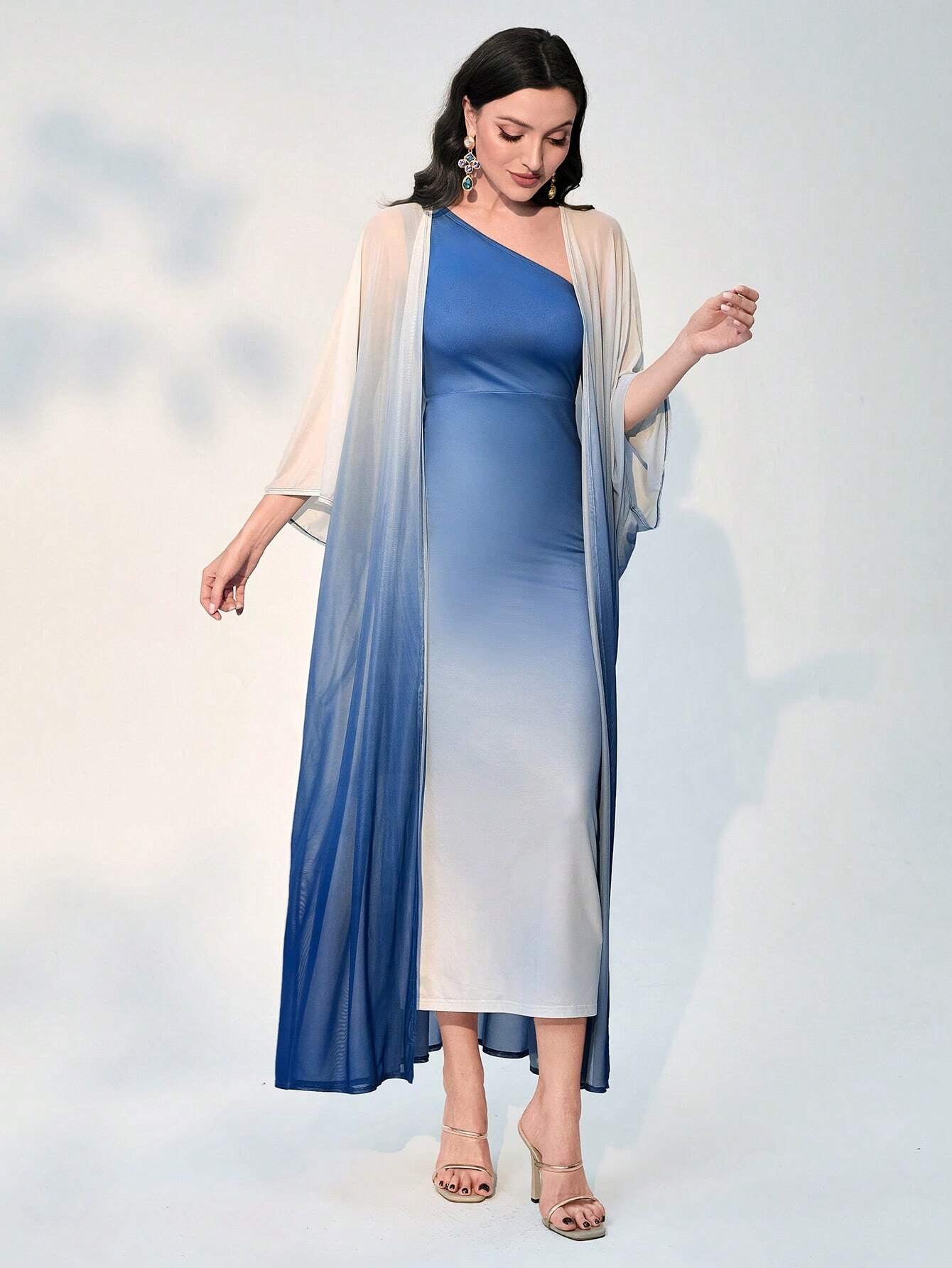 Modely Ombre Shoulder Sloping Dress with Coat Evening Dress