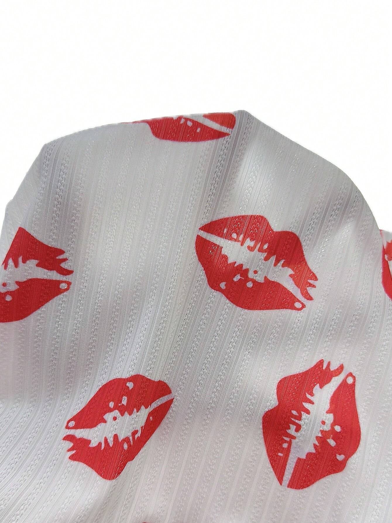 Women'S Lips Print Pajamas Set with Lettuce Hem