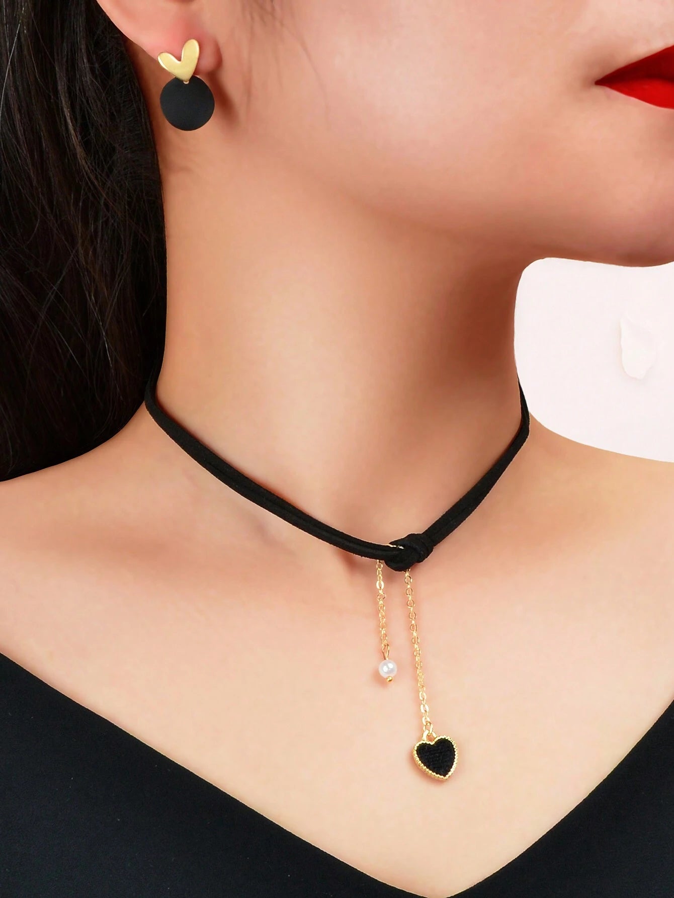 3Pcs Retro Jewelry Set Black Tattoo Choker Heart Pendant Necklace Geometric Stud Earrings for Women