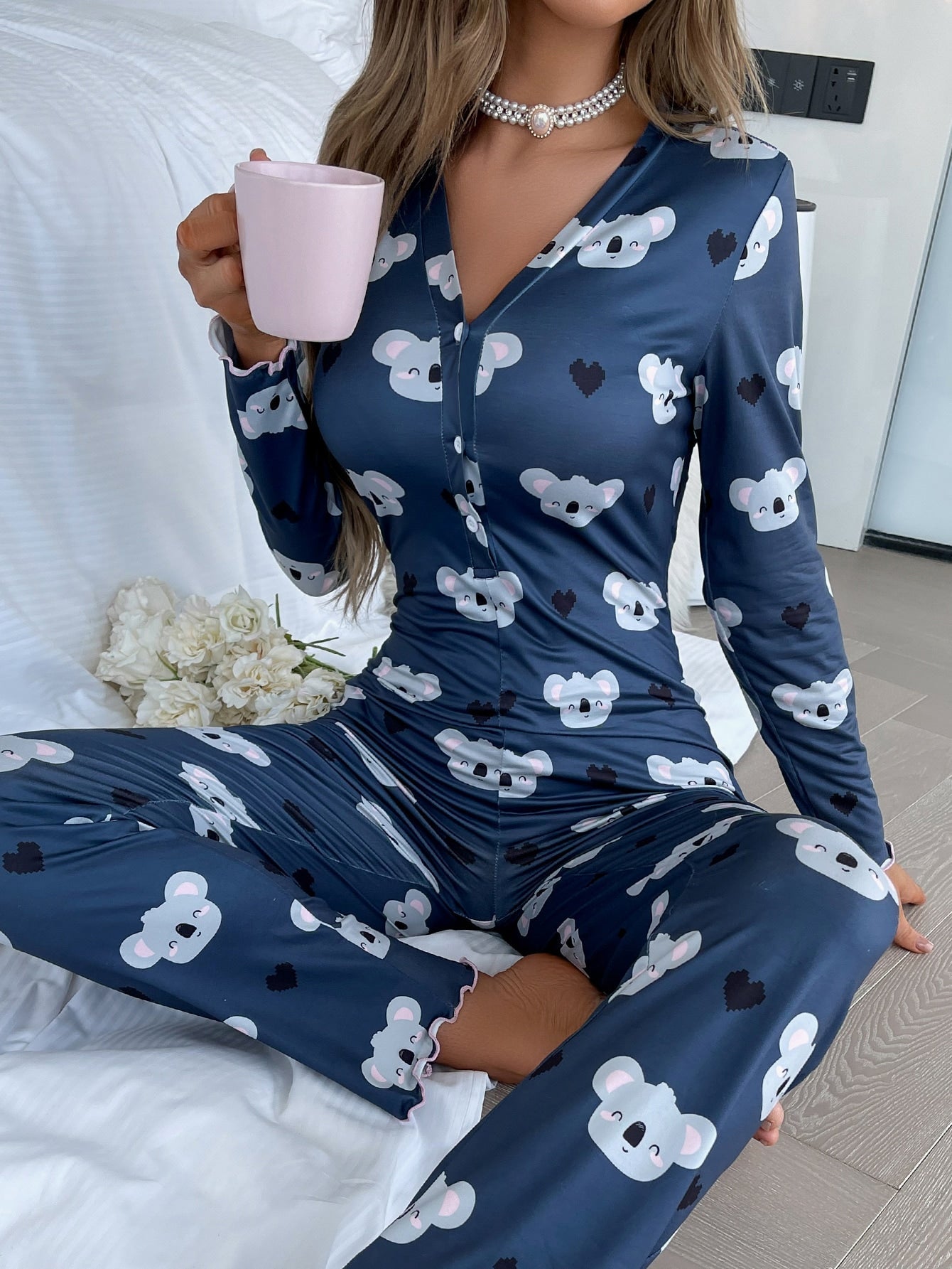 Koala & Heart Print Half Button Lettuce Trim Sleep Jumpsuit