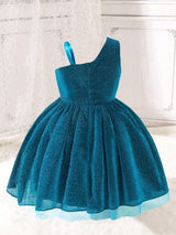 Young Girl Asymmetrical Neck Bow Front Mesh Overlay Dress