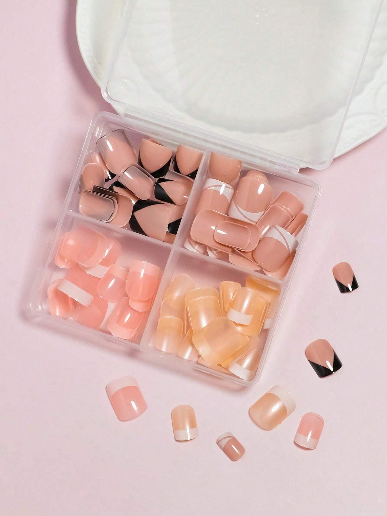 96Pcs(4Colors) Short Square Press on Nails Acrylic Short Fake Nails Full Cover Black and White French Designs Shiny Glue on Nails False Nail as Gift for Women and Girls with Storage Box