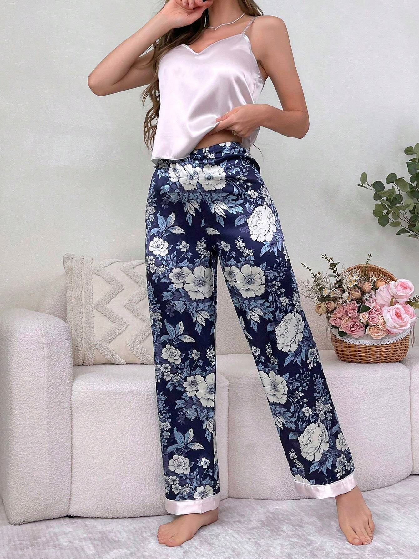 Pati Paints Two Piece Set of Colorblock Floral Print Silk Cami Top and Shorts Pajamas