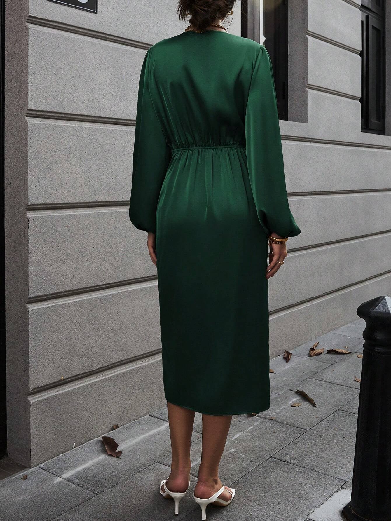 Clasi Lantern Sleeve Knot Side Wrap Satin Dress