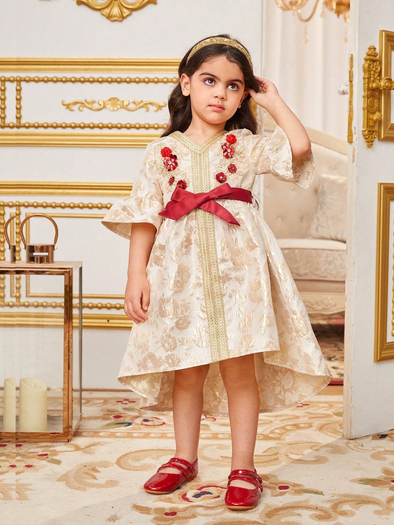 Young Girls' V-Neck Patchwork Jacquard Dress with Woven Belt, Short Front Long Back, Embroidery Detail