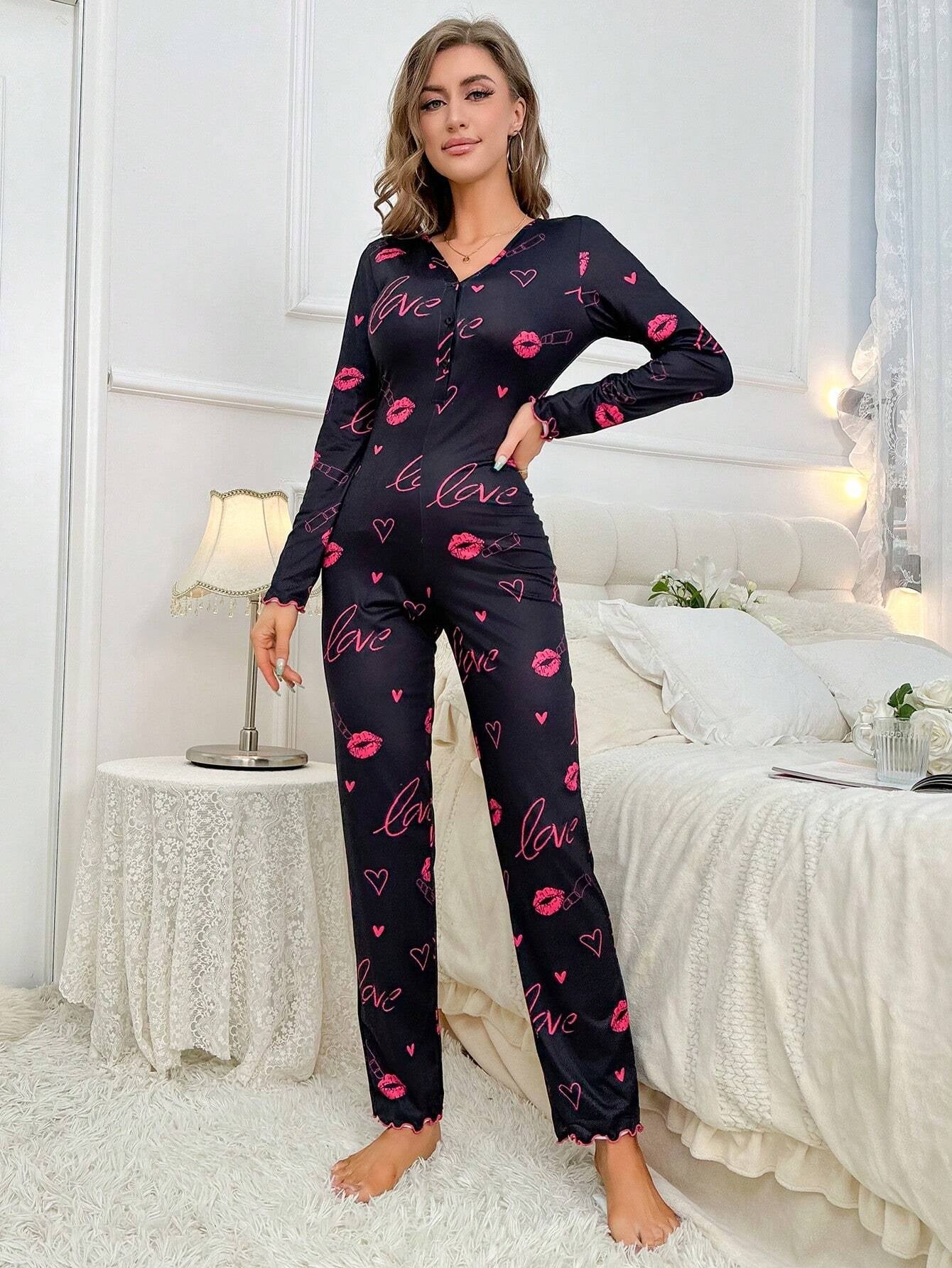 Koala & Heart Print Half Button Lettuce Trim Sleep Jumpsuit