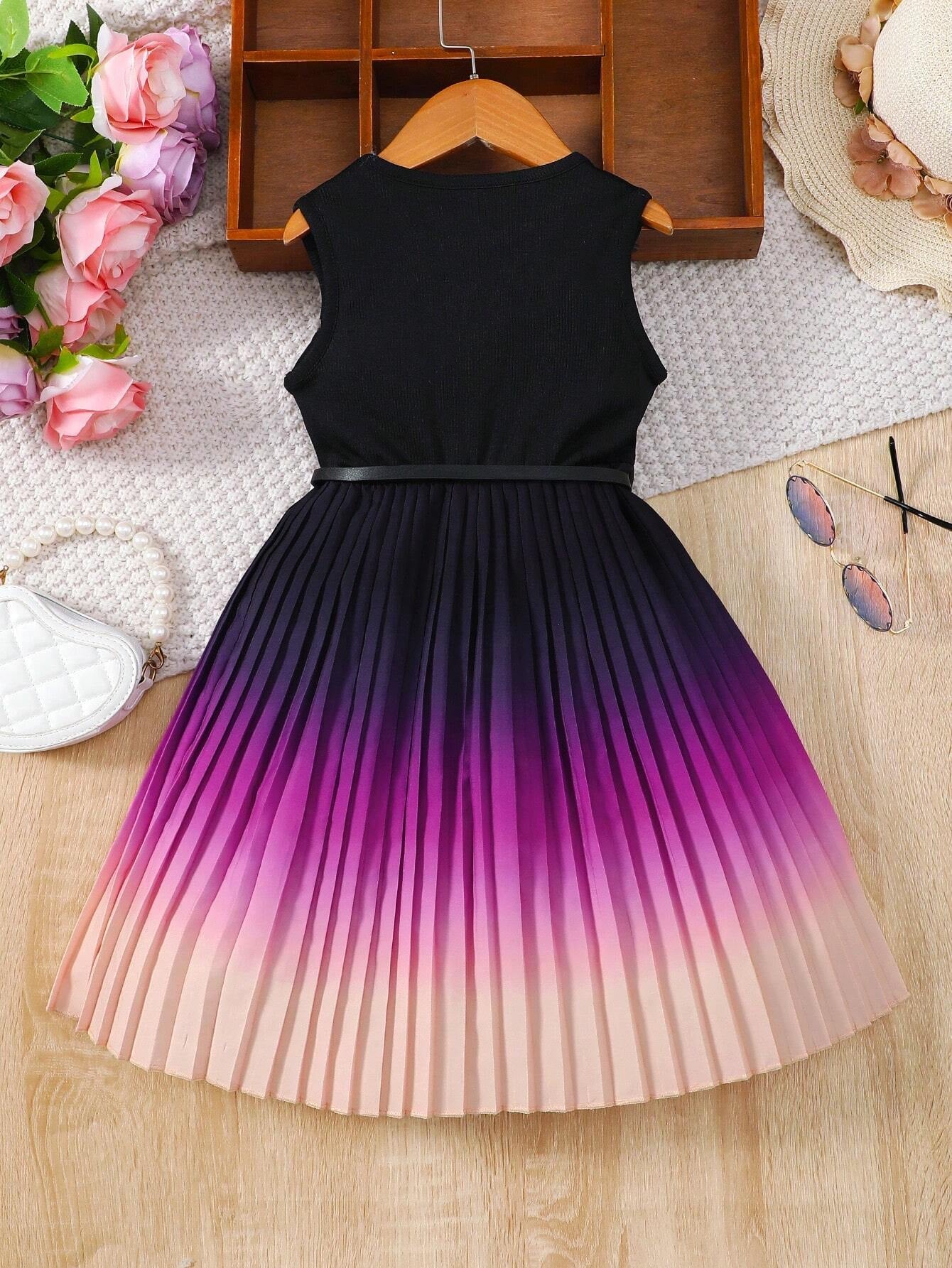 Young Girl Gradient Colorblock Pleated Hem Sleeveless Dress for Summer