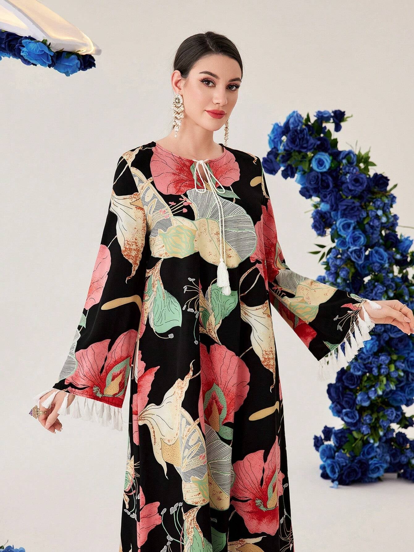 Najma Women'S Ginkgo Leaf Print Patchwork Tassel Bell Sleeve Arabic Dress