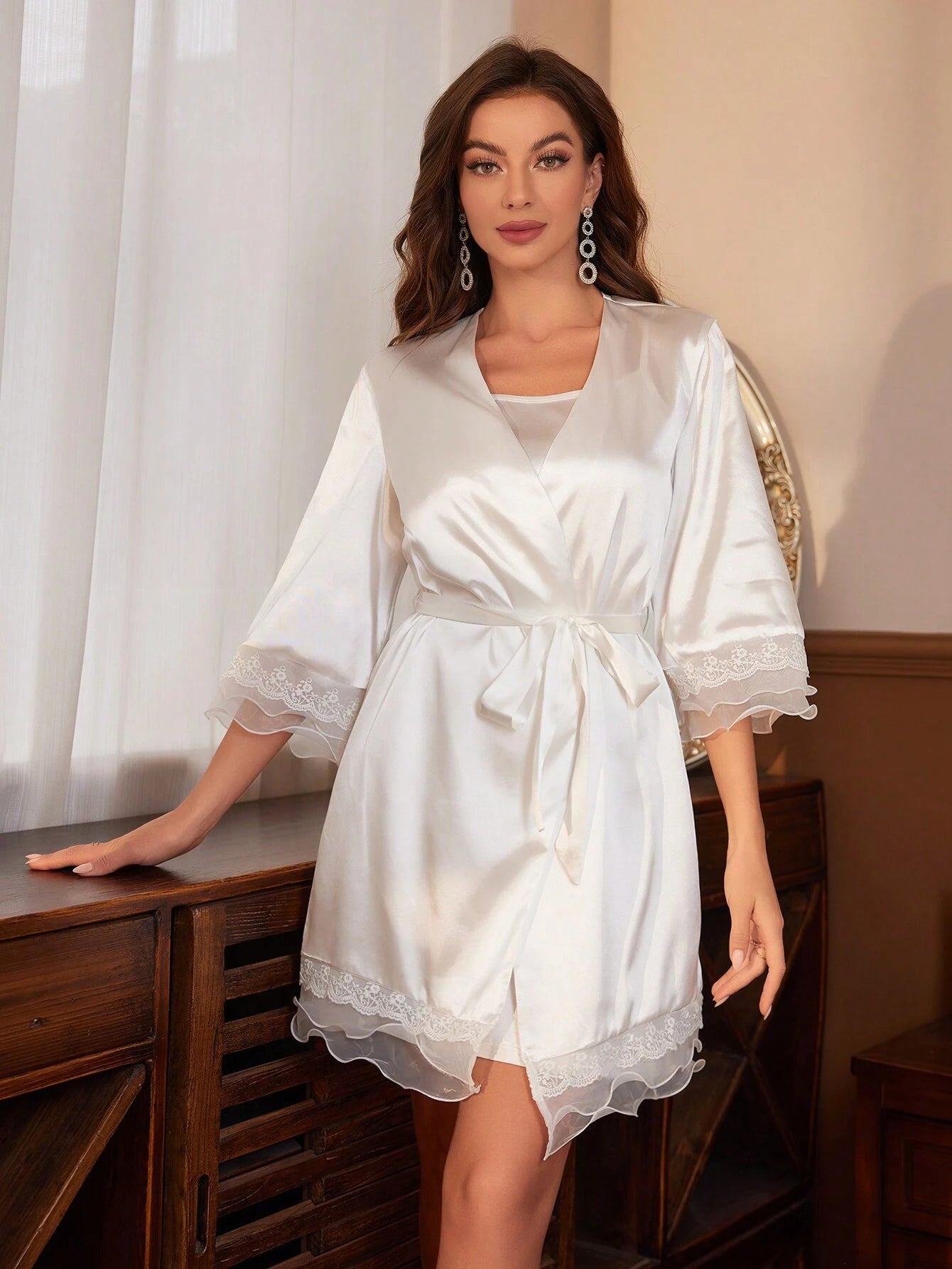Solid Color Cami Dress with Lace Trimmed Jacket Pajama Set