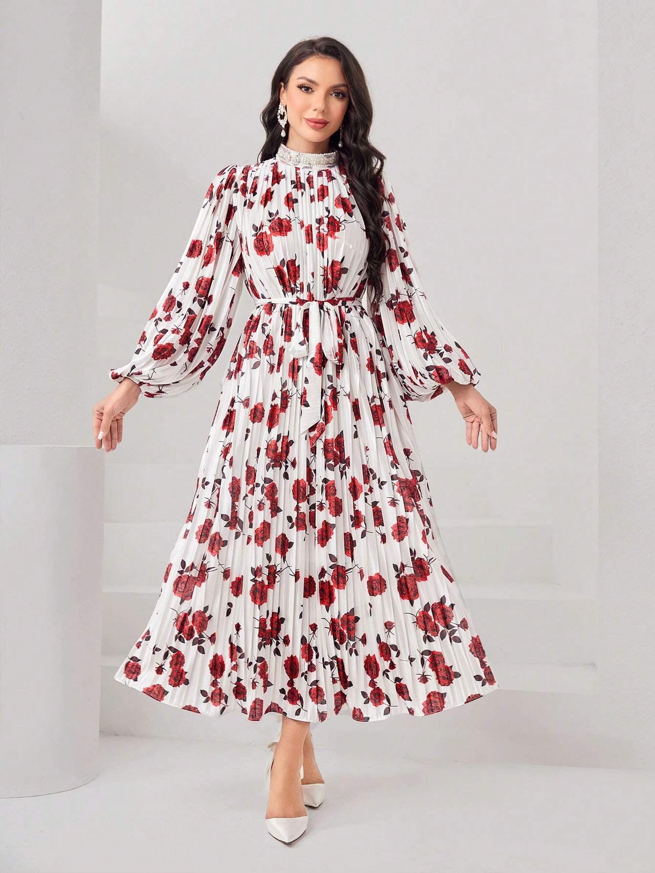 Modely Women'S Stand Collar Lantern Sleeve Floral Print Dress with Pleated Hem