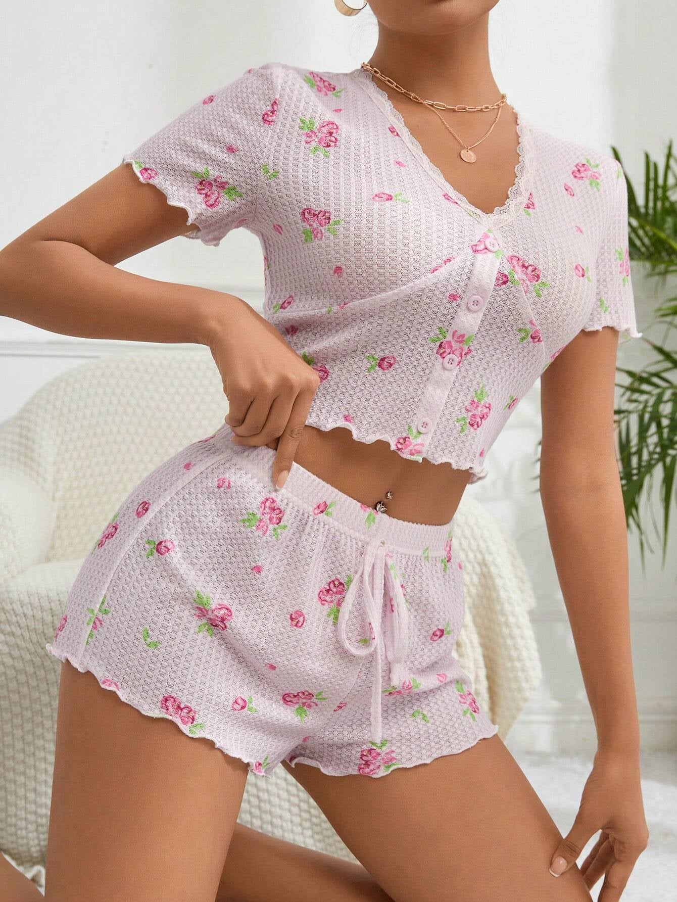 Lace Trim Floral Print Top and Shorts Pajama Set