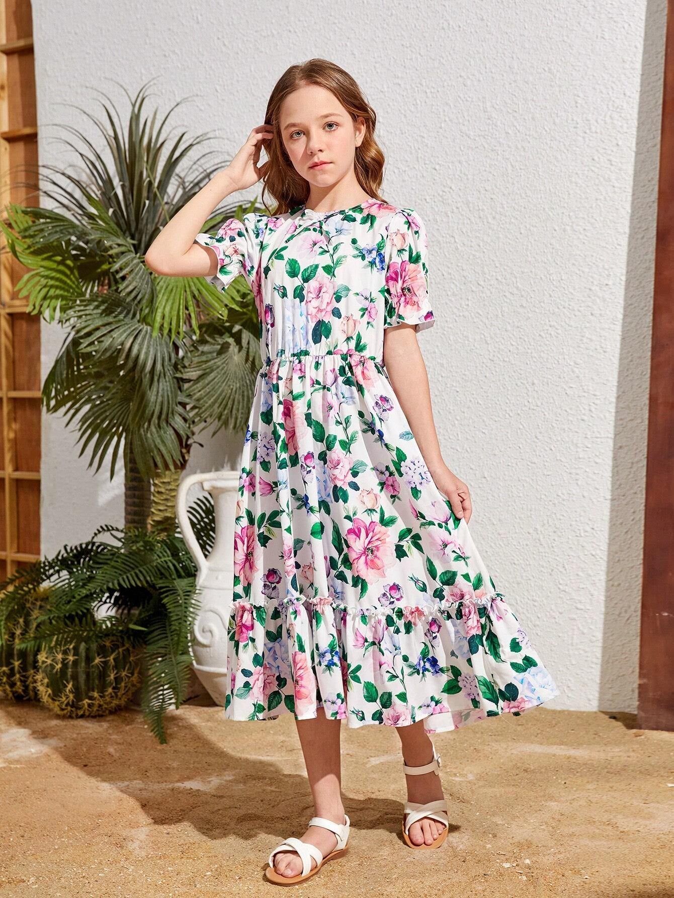 Tween Girl'S Woven Floral Print round Neckline Fitted Waist Casual Holiday Dress