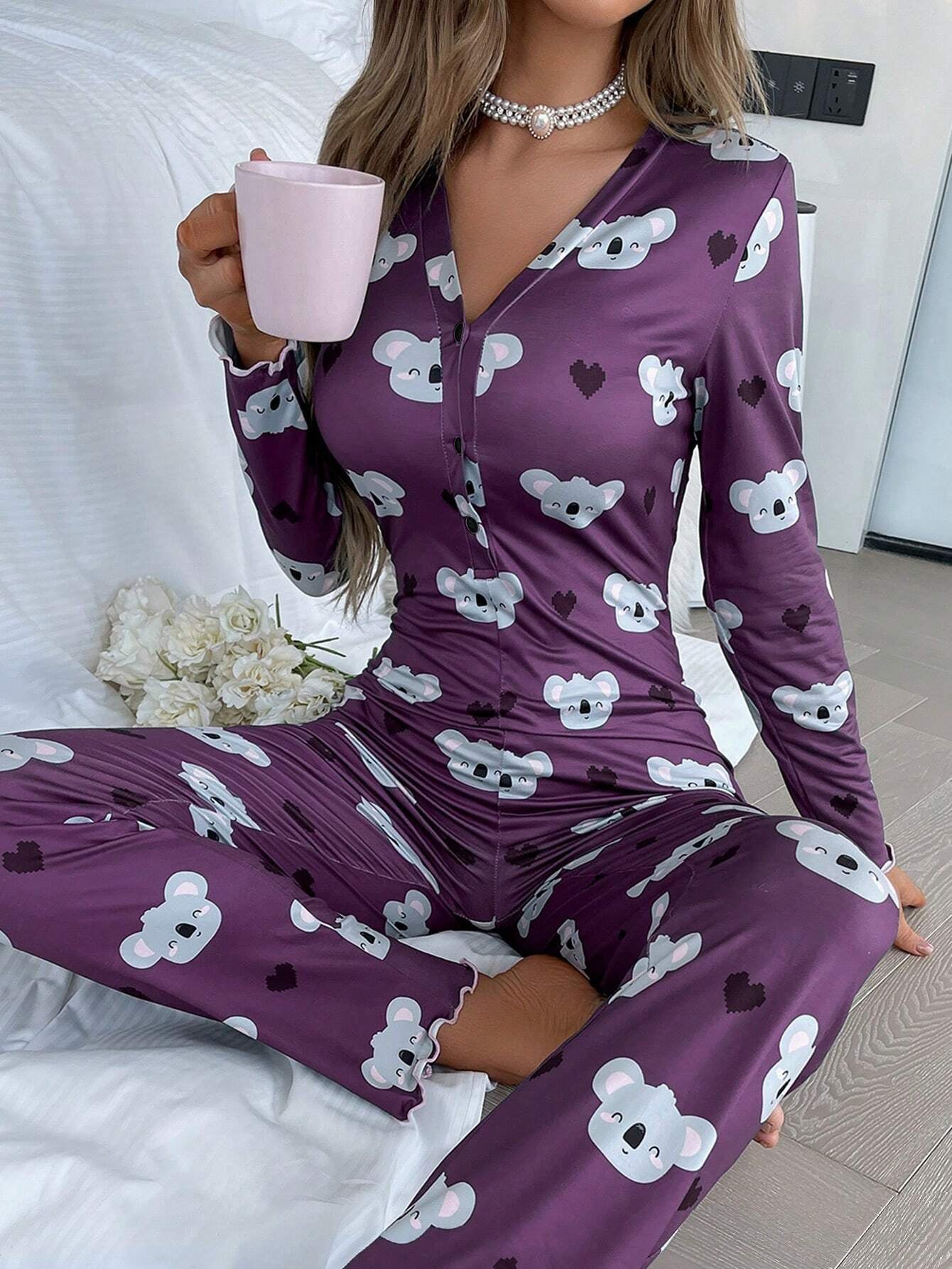 Koala & Heart Print Half Button Lettuce Trim Sleep Jumpsuit