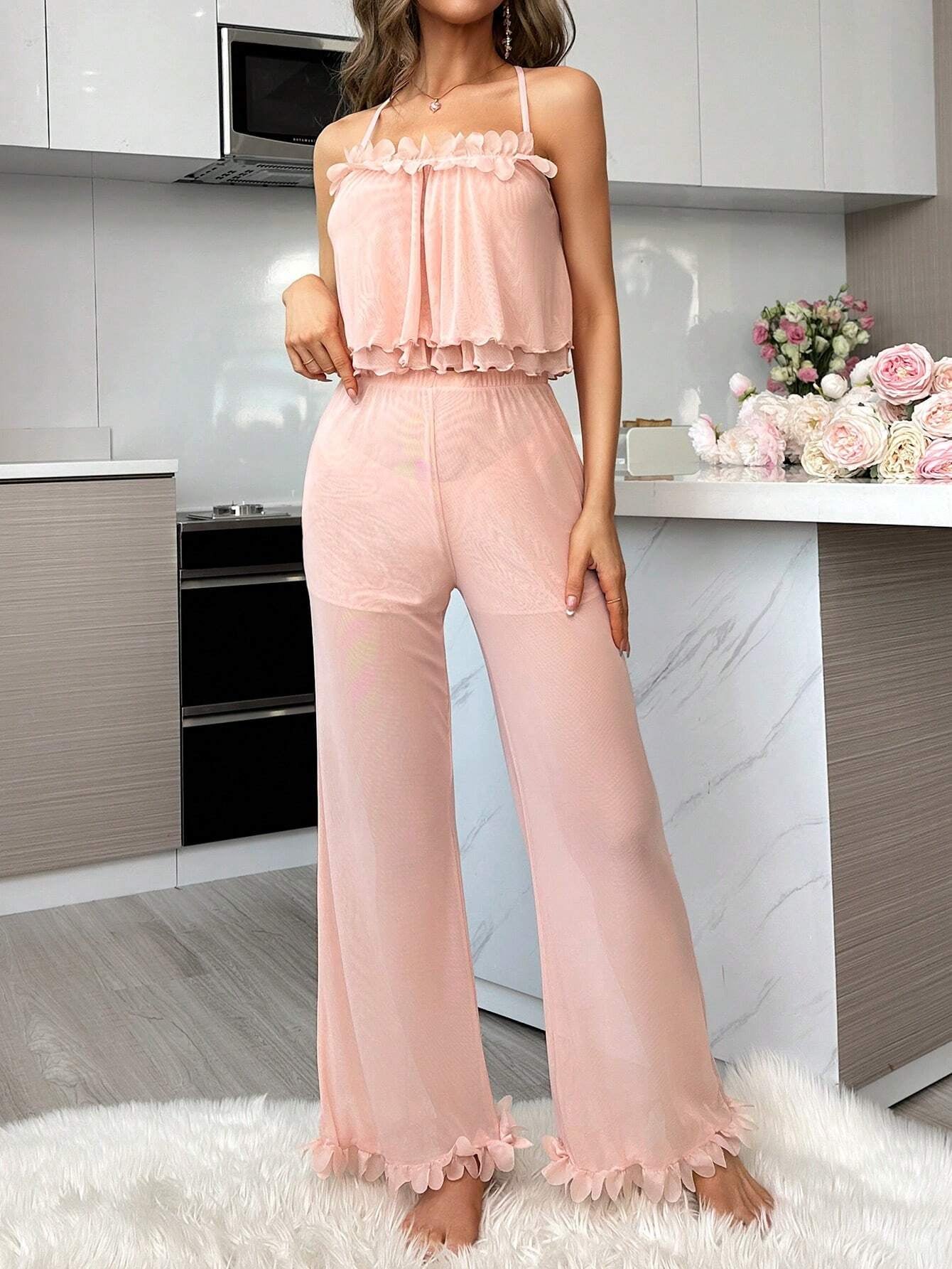 Floral Lace Decor Double Layered Mesh Cami Jumpsuit Set