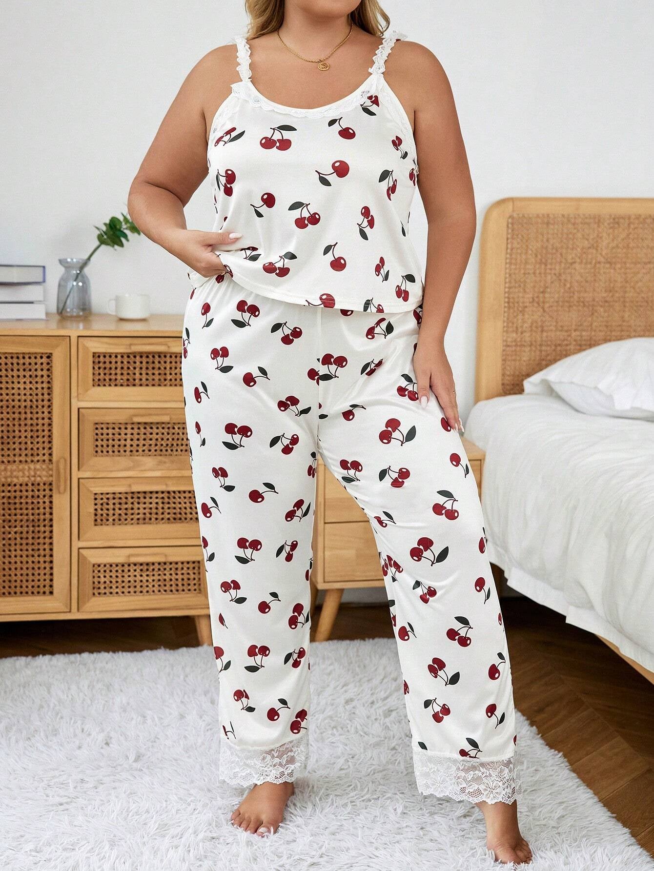 Plus Size Cherry Printed Pajama Set