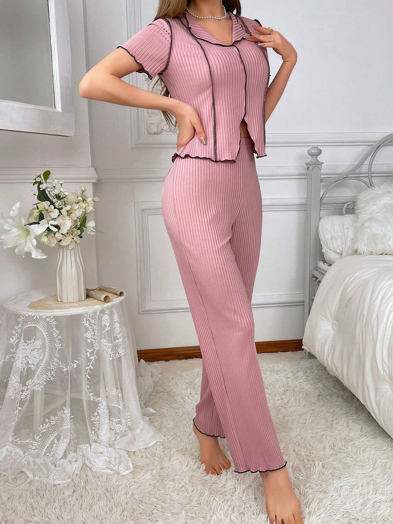Women'S Colorblock Short Sleeve Shirt and Pants Casual Suit