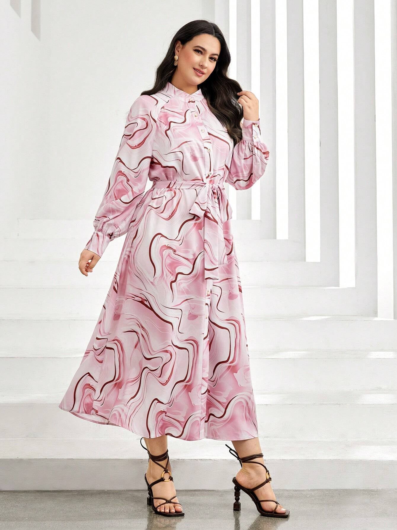 Mulvari plus Allover Print Belted Shirt Dress