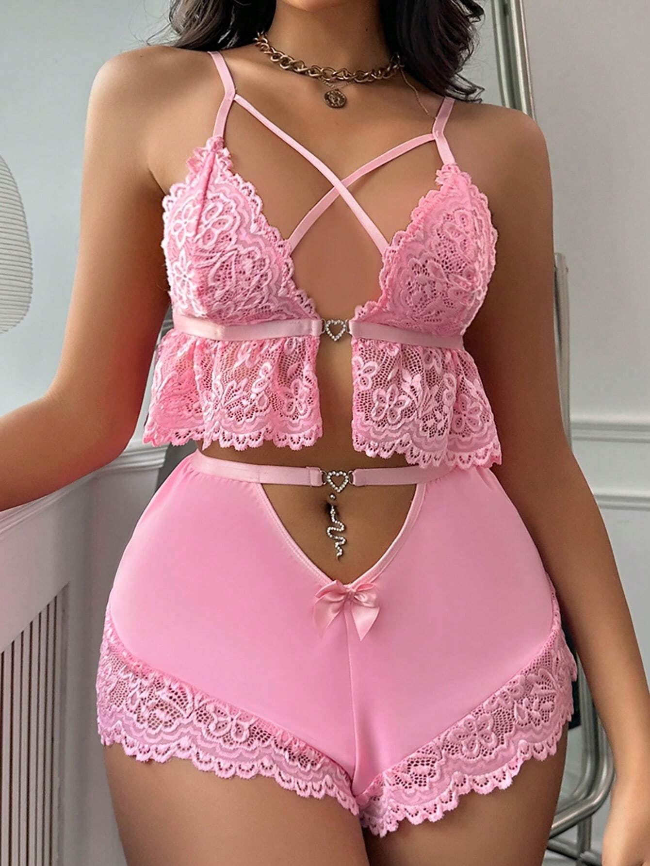 Criss Cross Cut Out Lace Cami Top & Shorts PJ Set