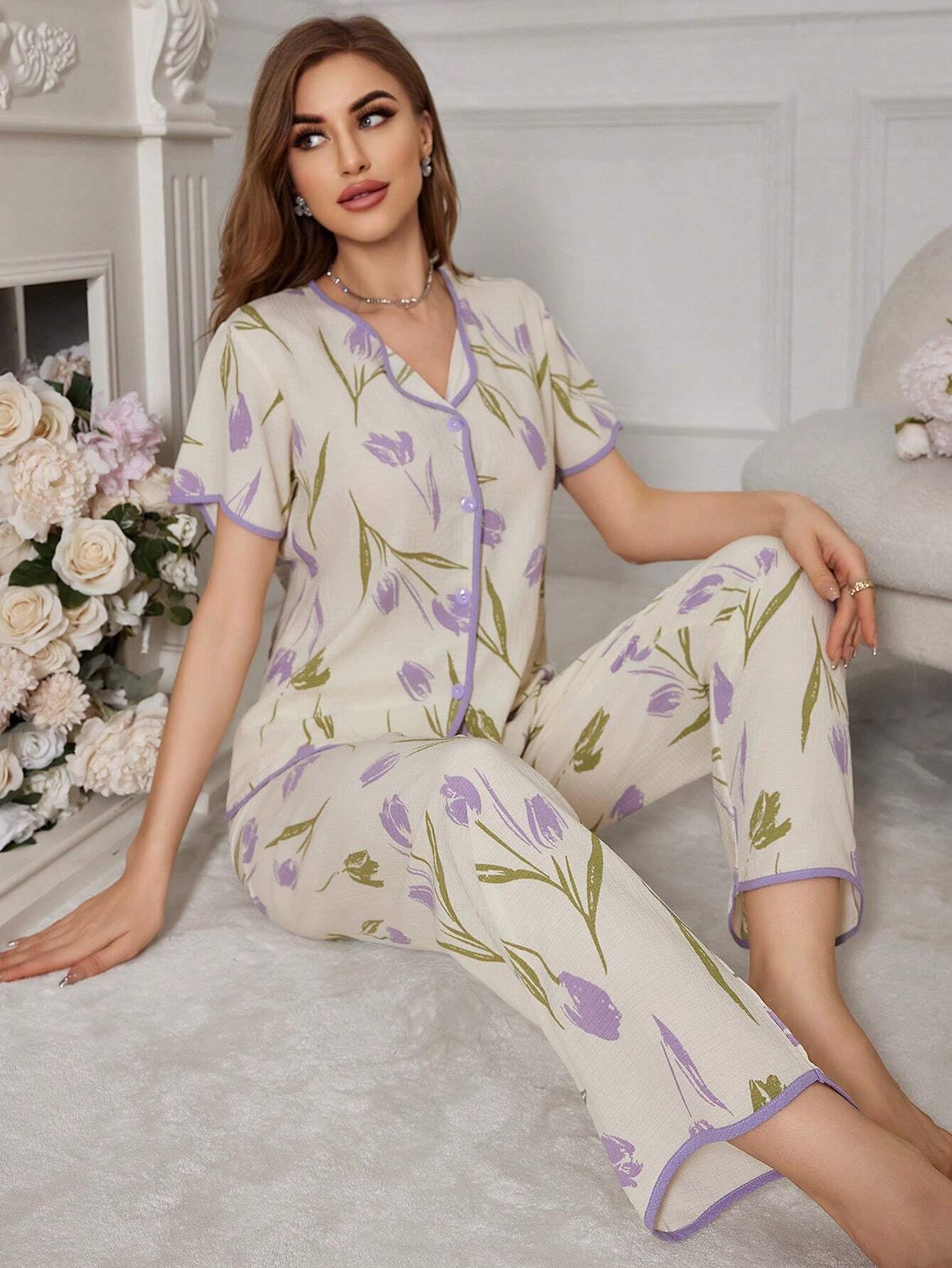 Floral Print Contrast-Edge Short Sleeve and Long Pants Pajama Set