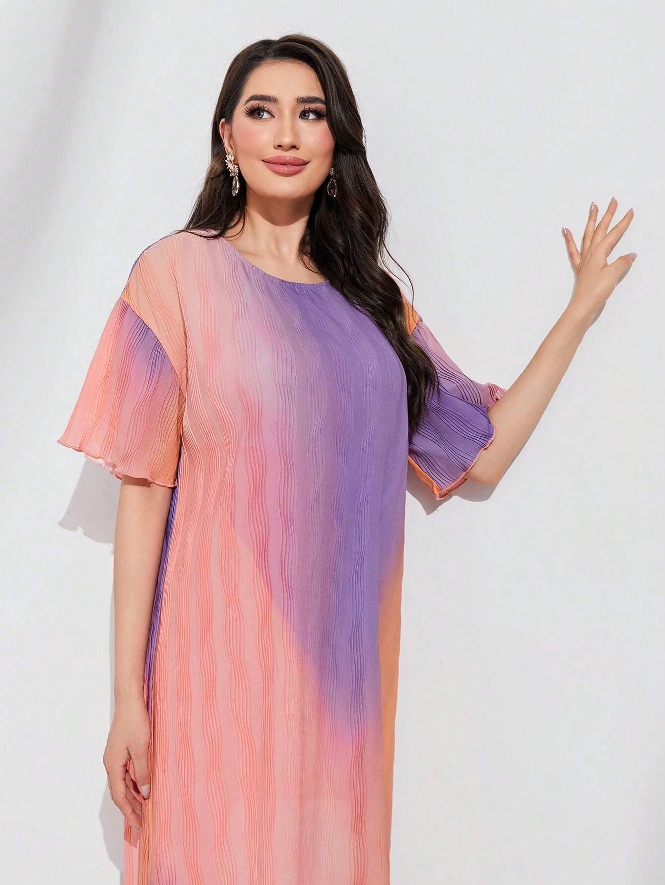 Mulvari Ombre Print Lettuce Trim Dress