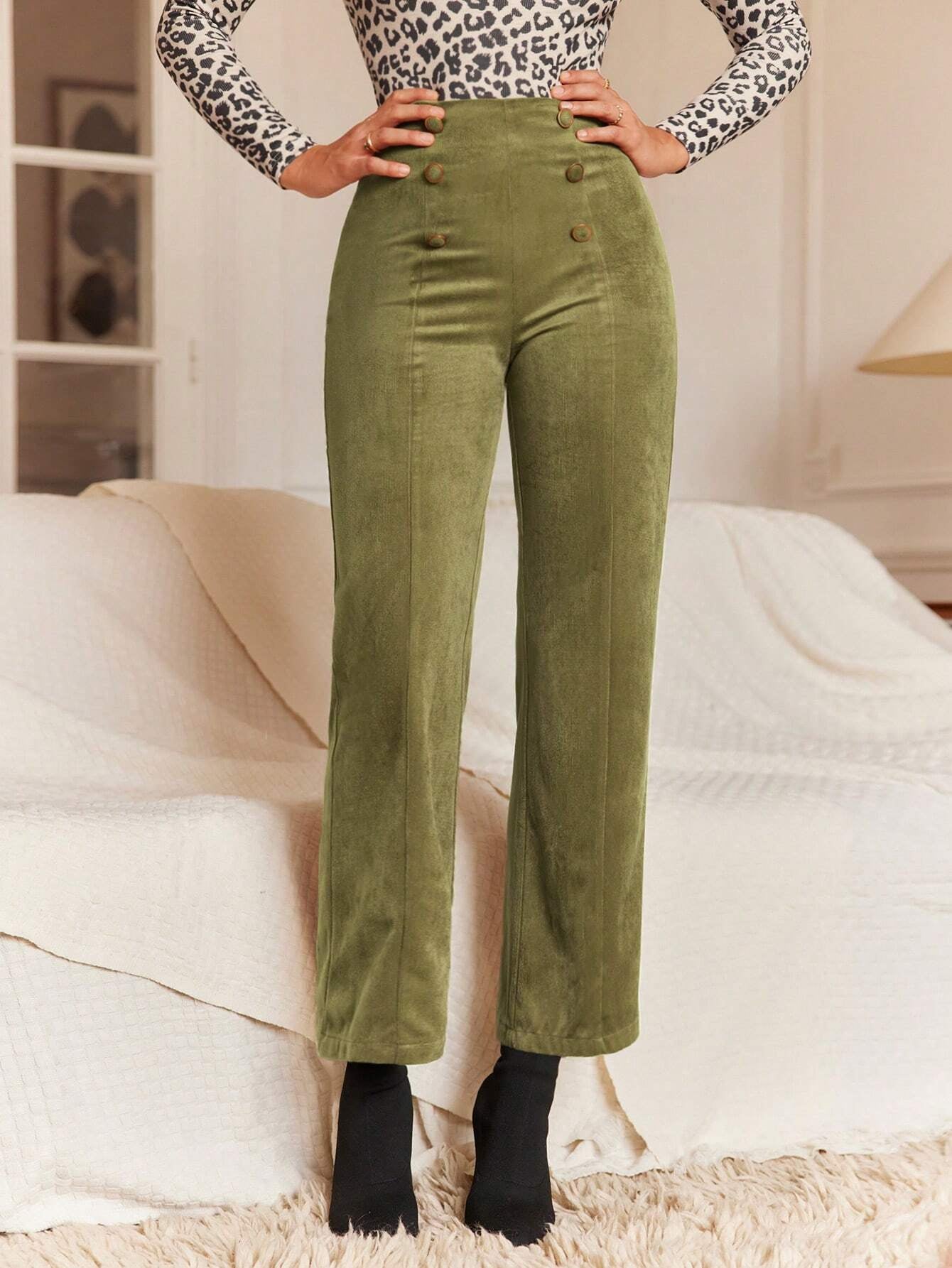 Frenchy High-Waisted Straight Leg Pants with Double Breasted Decoration
