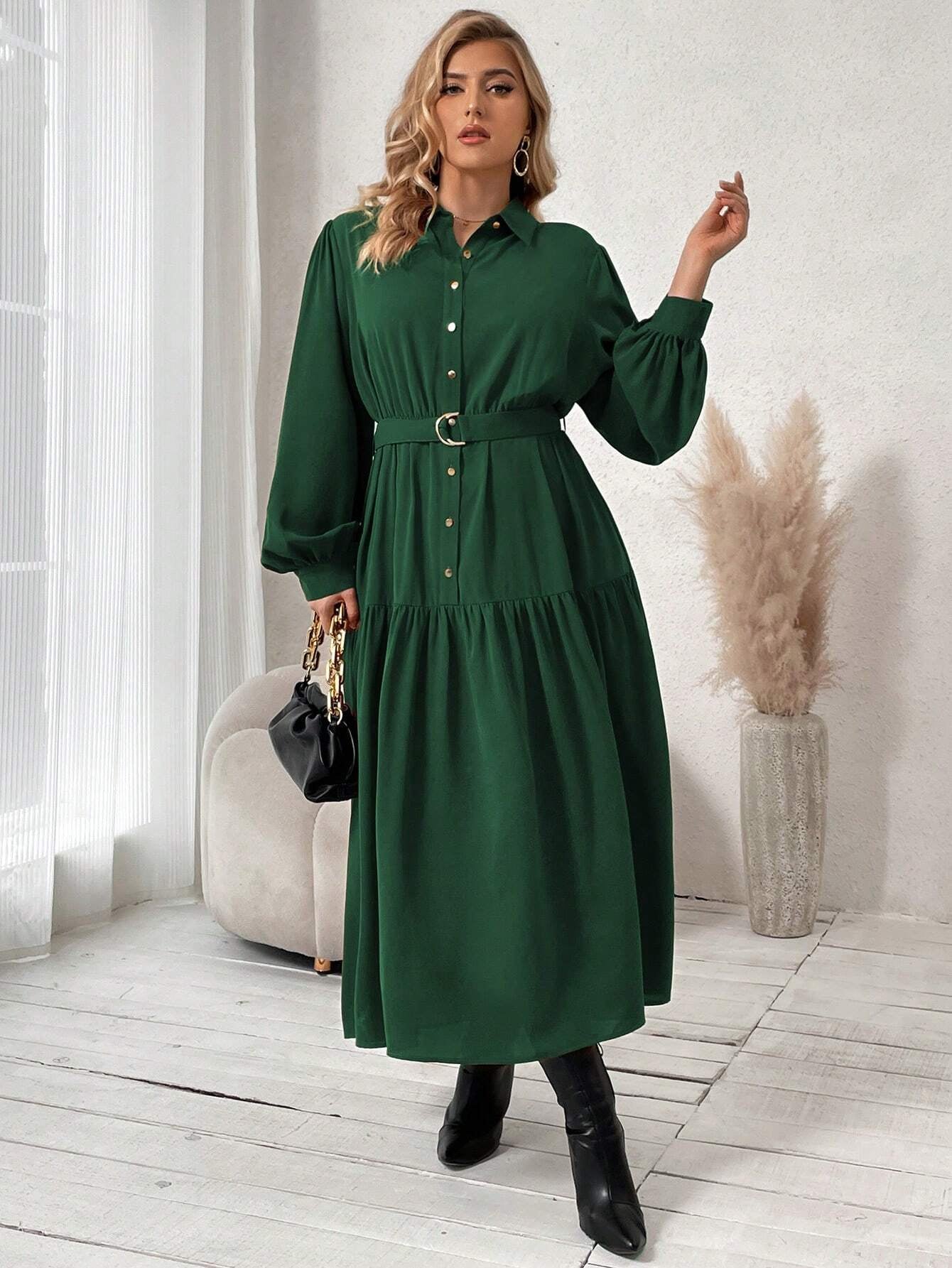 Frenchy plus Lantern Sleeve Ruffle Hem Belted Shirt Dress