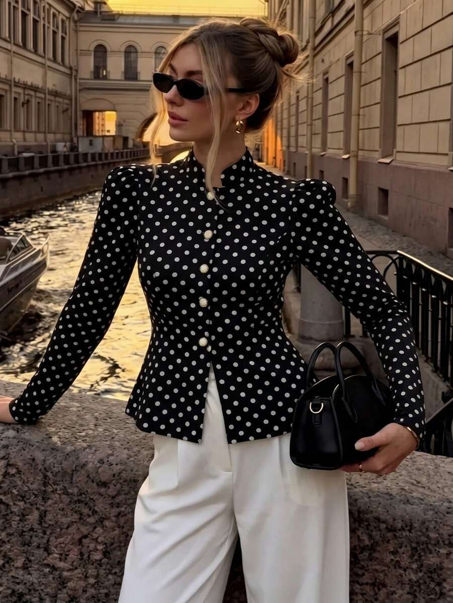SHEIN Siren Gaze جاكيت نسائي قصير بأكمام طويلة ونقشة نقاط وأزرار أمامية