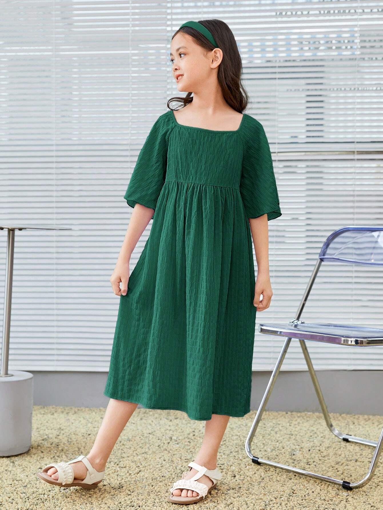 Tween Girl Solid Loose-Fit Elegant Dress with Square Neckline, Cap Sleeves, Suitable for Spring & Summer