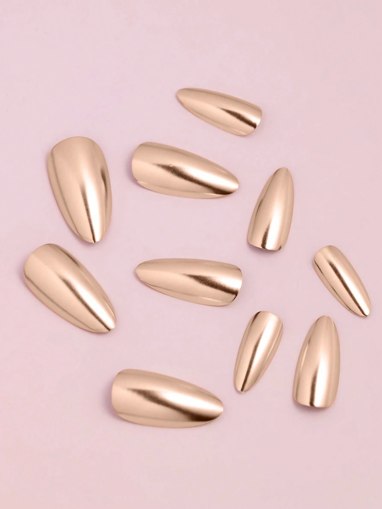 24Pcs Long Almond Press on Nails - Cool Metallic Chrome Champagne False Nails | Punk Metal Chrome Finish Medium Reusable Fake Nails in 12 Sizes - Nail Kits as Gift for Women and Girls & 1Sheet Tape & 1Pc Nail File