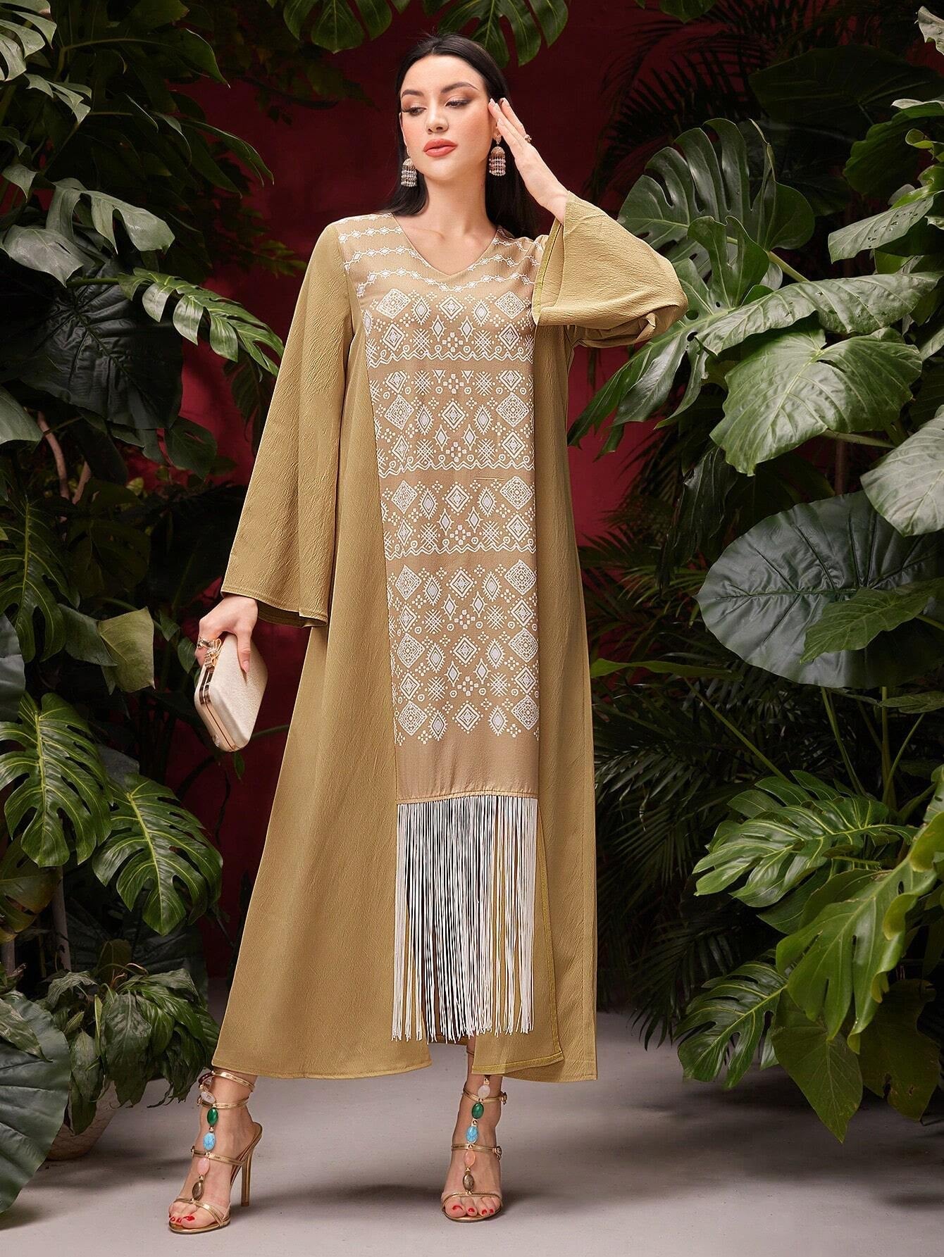 Najma Women'S Geometric Print Fringed Hem Arabic Jalabiya Dress