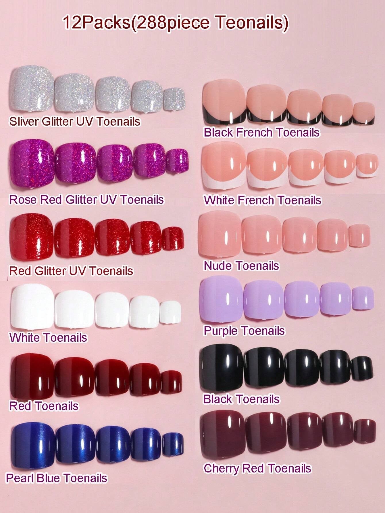 288Pcs(12Packs) Short Square Press on Toenails 3 Glitter Press on Toenails Full Cover, 7 Glossy False Toenails for Feet, 3 Printing Design Fake Toenails for Summer Nail Art Set for Women and Girls with Re-Usable Storage Box