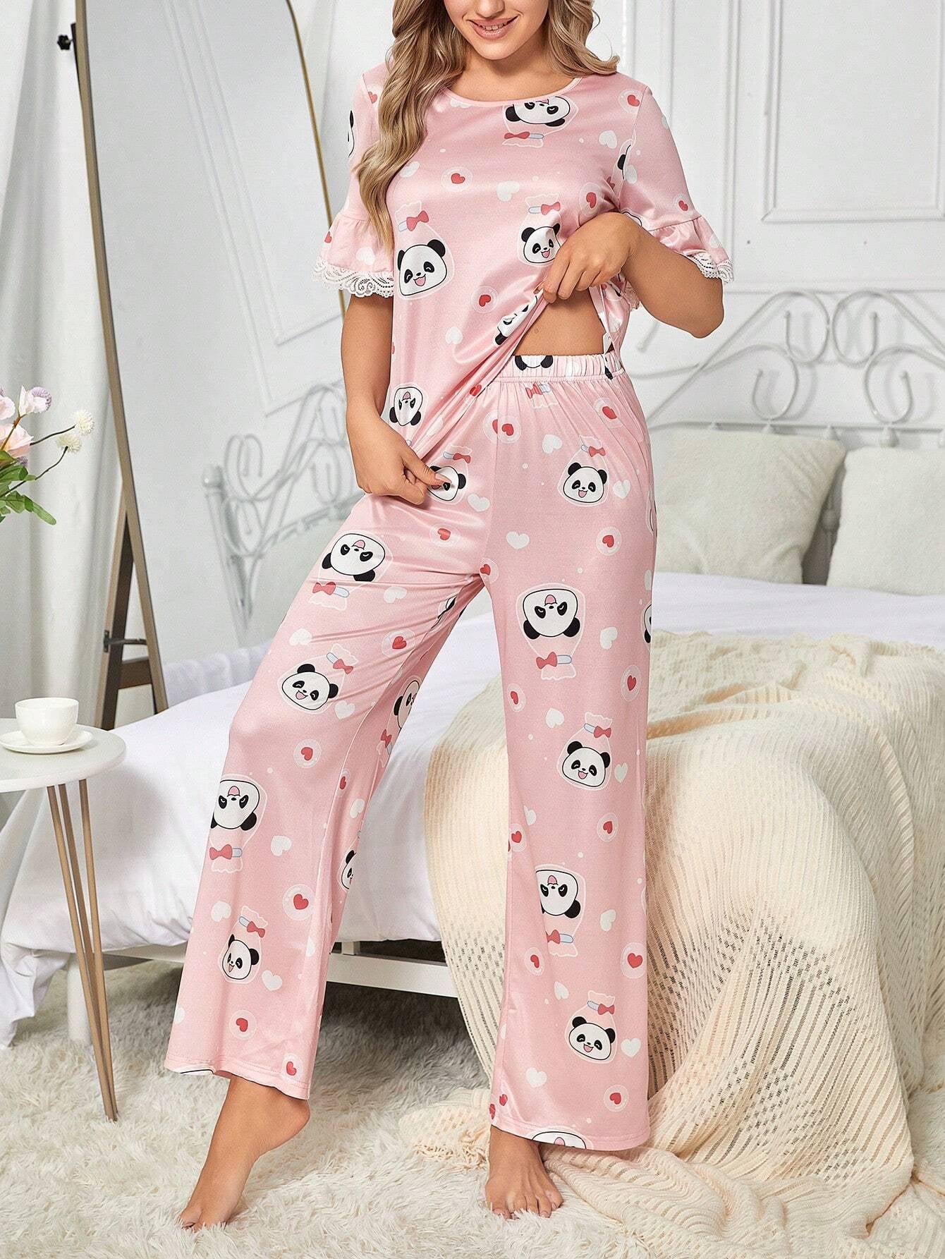 Women'S Cartoon Panda Print Lace Splice Pajama Set