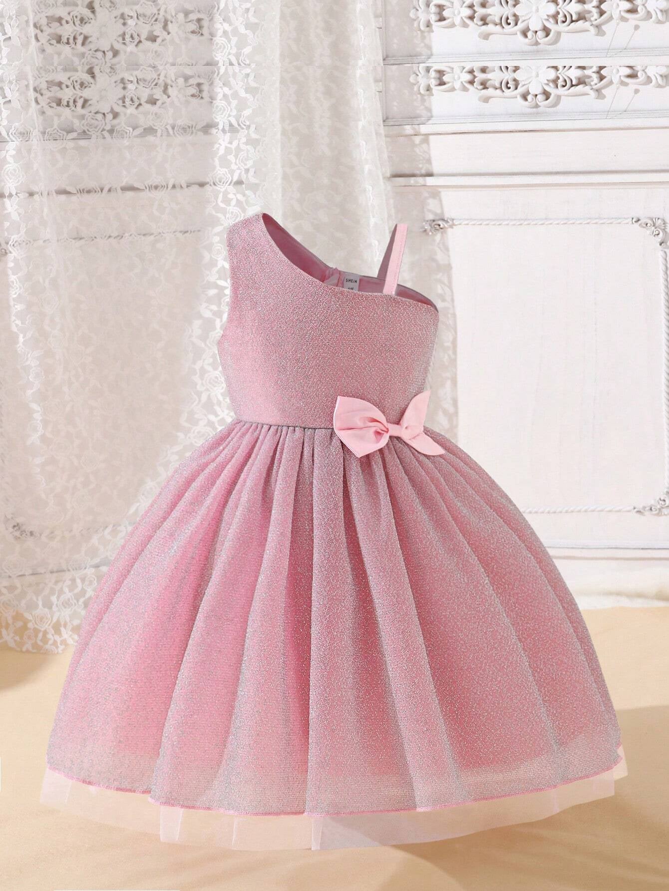 Young Girl Asymmetrical Collar Princess Style Tulle Dress with Ribbon Decor, Perfect for Parties