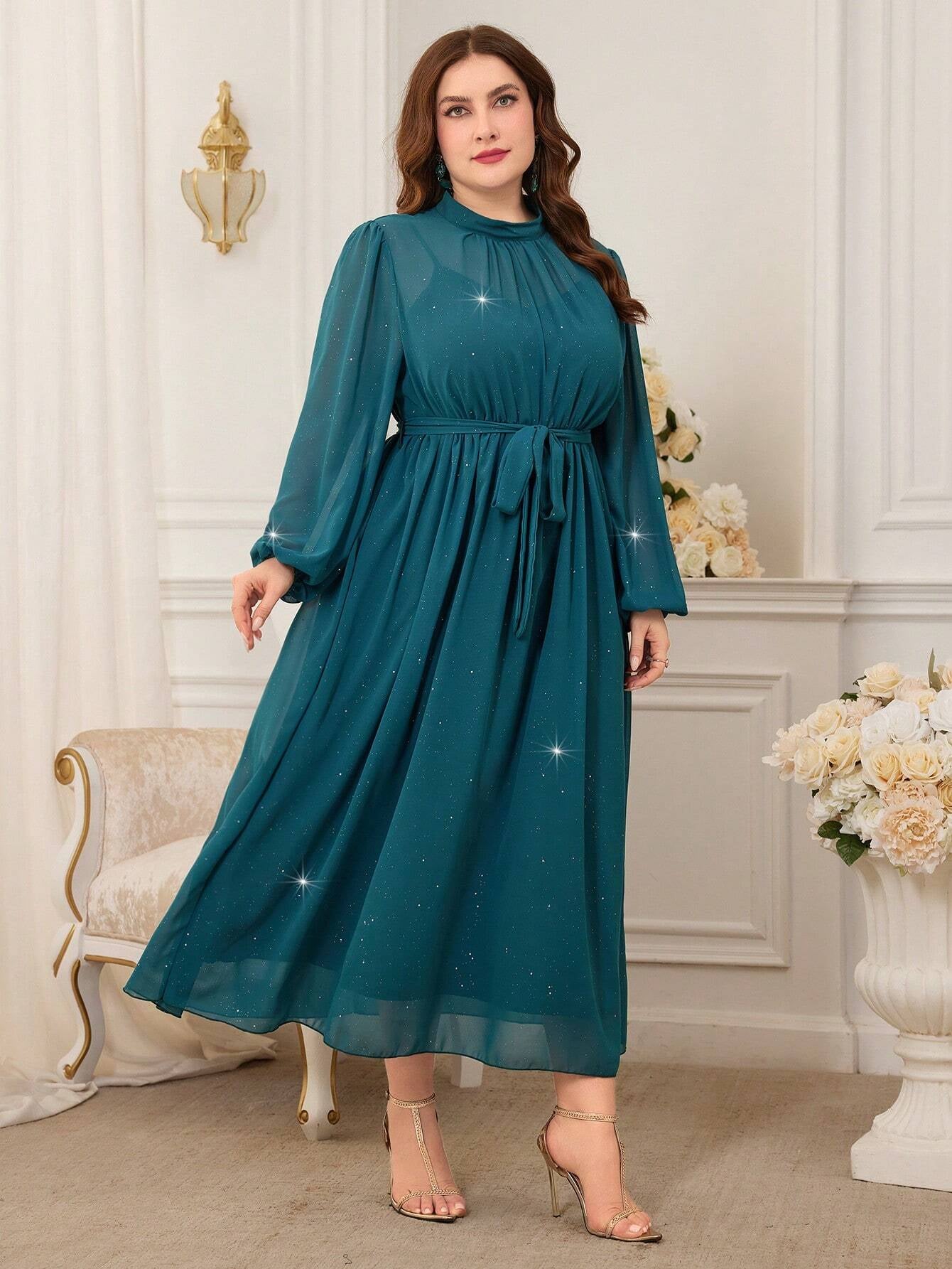Modely plus Size Stand Collar Lantern Sleeve Dress