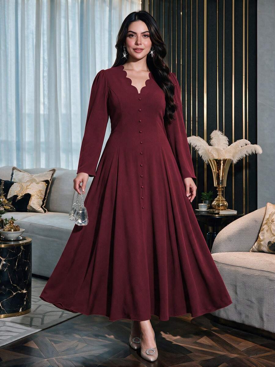 SHEIN Modelyn فستان عنابي بأزرار أمامية