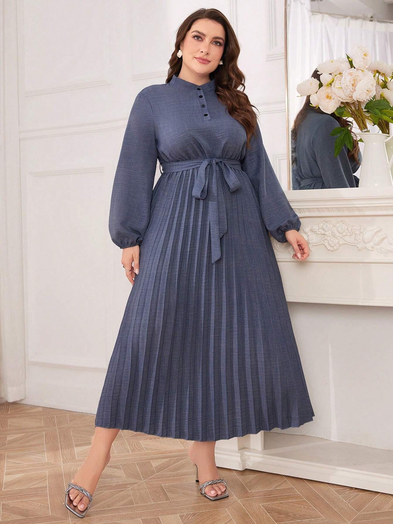 Modely Women'S plus Size Lantern Sleeve Belted Dress