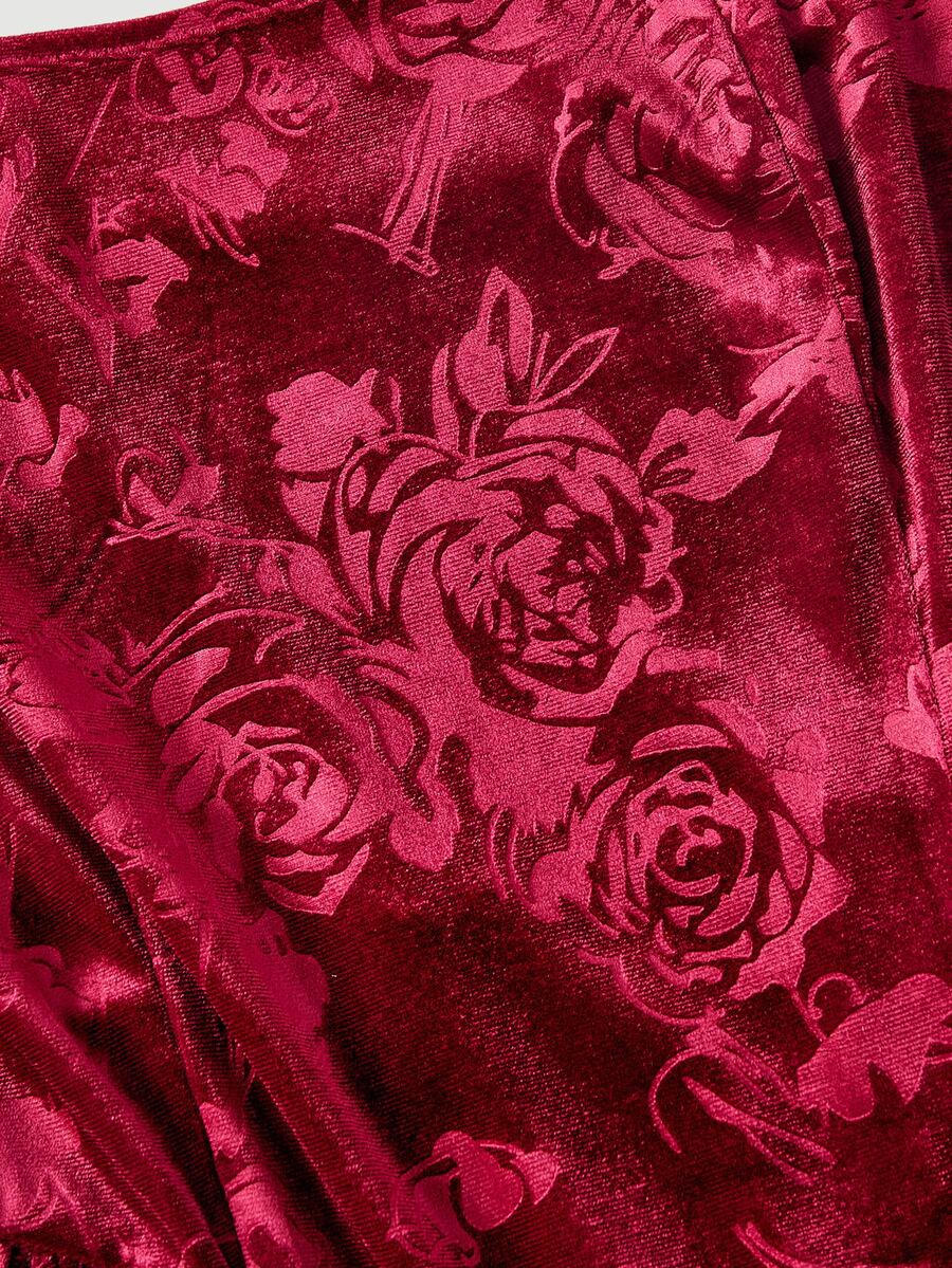 SHEIN MOD فستان مخمل عنابي طويل بياقة مربعة بدون أكمام ومزين بالزهور