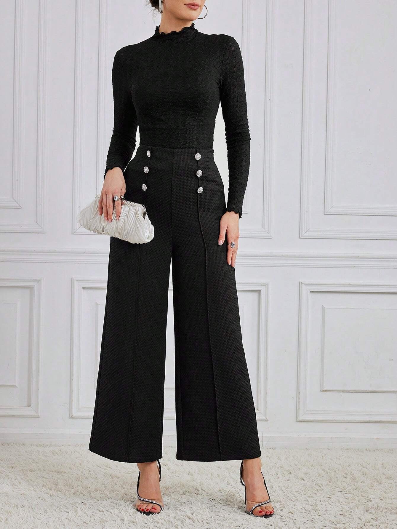 Modely Women'S Loose Fit Wide Leg Pants with Button Detail