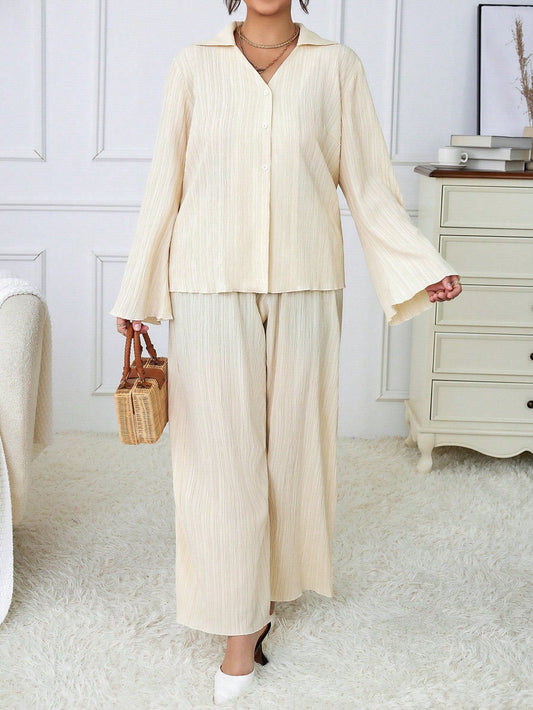 Essnce plus Solid Button Front Shirt & Wide Leg Pants