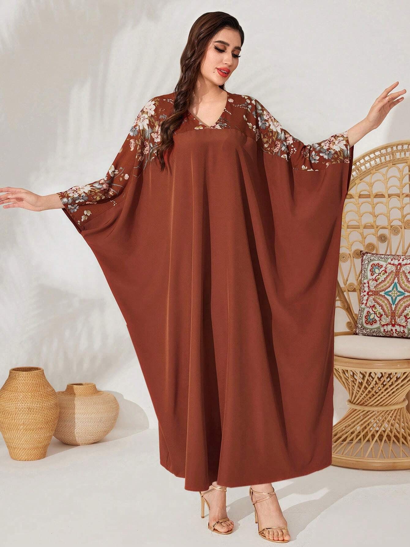 Najma Batwing Sleeve Dress with Plant Pattern Print