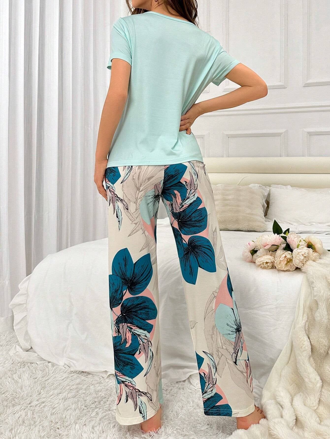 Women'S Pure Color Top and Flower Print Pants Pajama Set
