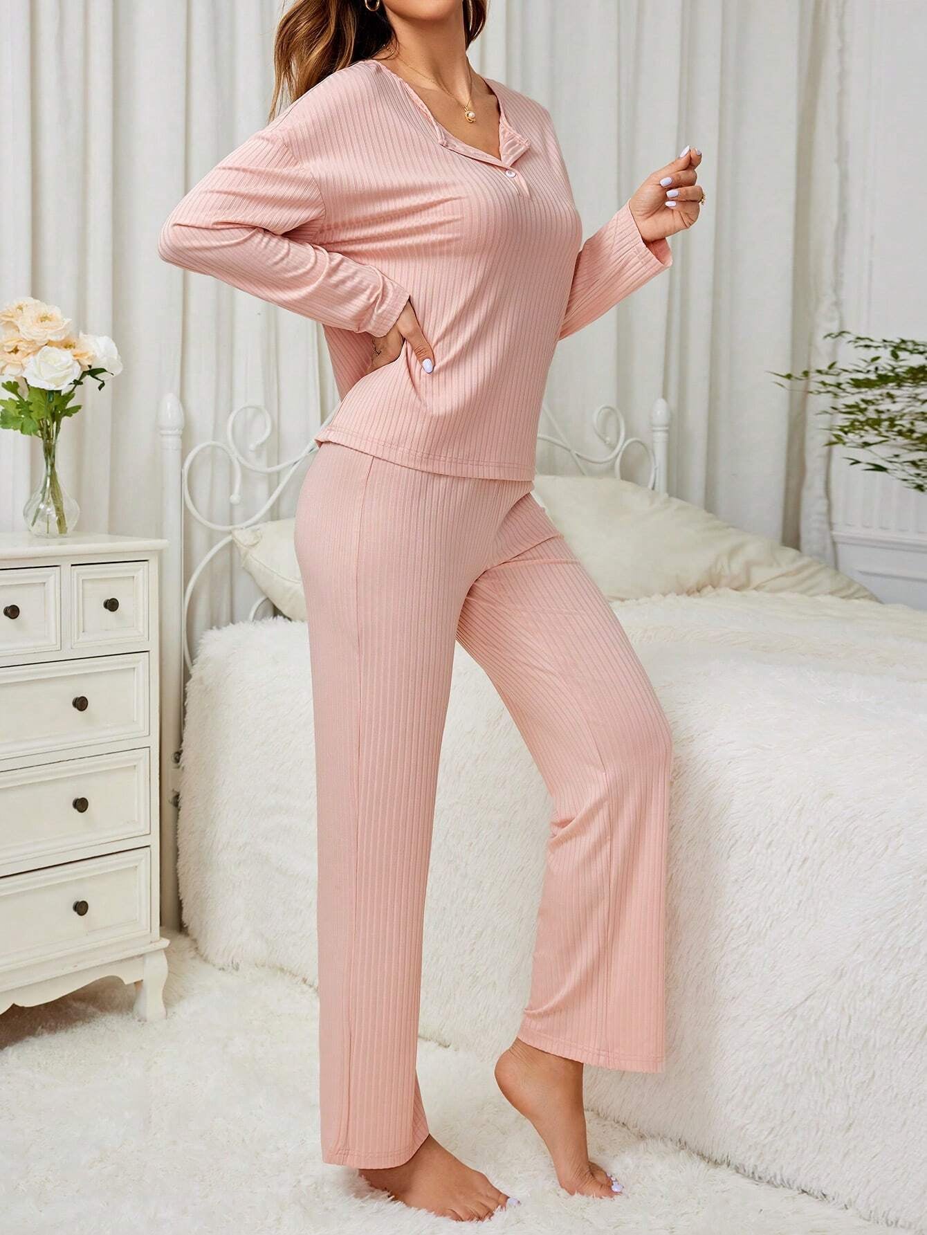 Solid Color Ribbed Long-Sleeved Loungewear Suit