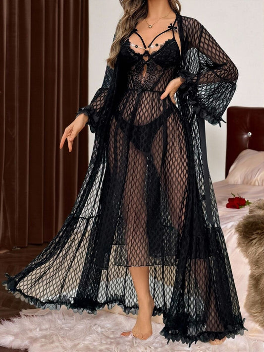 SHEIN Slumberist طقم قطعتين روب شبكي مطرز بالزهور وقميص نوم